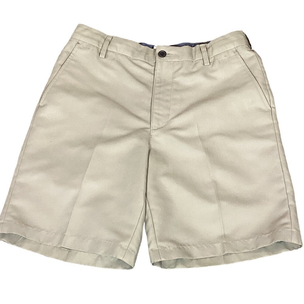 Mens Lands End Traditional Fit Shorts Polyester Sz 33 Khaki-Beige 9" Inseam 301E